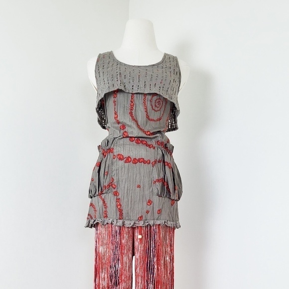 Tara Vao Babydoll Tank Top Pockets Long Sleeveless Abstract Pleated Eyelet - Picture 7 of 12